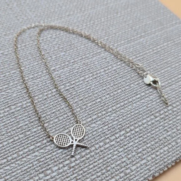 18 Inch Sterling Silver Double Tennis Racket Pendant Rustic Necklace A5944 - Picture 2 of 6